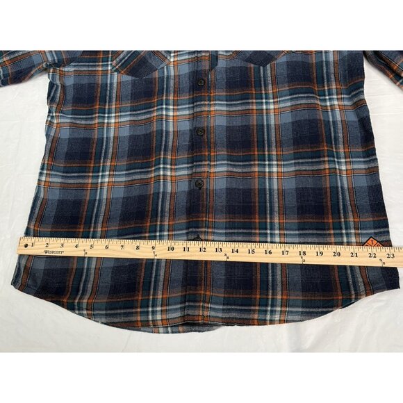 Off The Grid Destroyer Flannel Shirt Men’s XL Blue Orange Plaid Long Sleeve - Picture 11 of 14